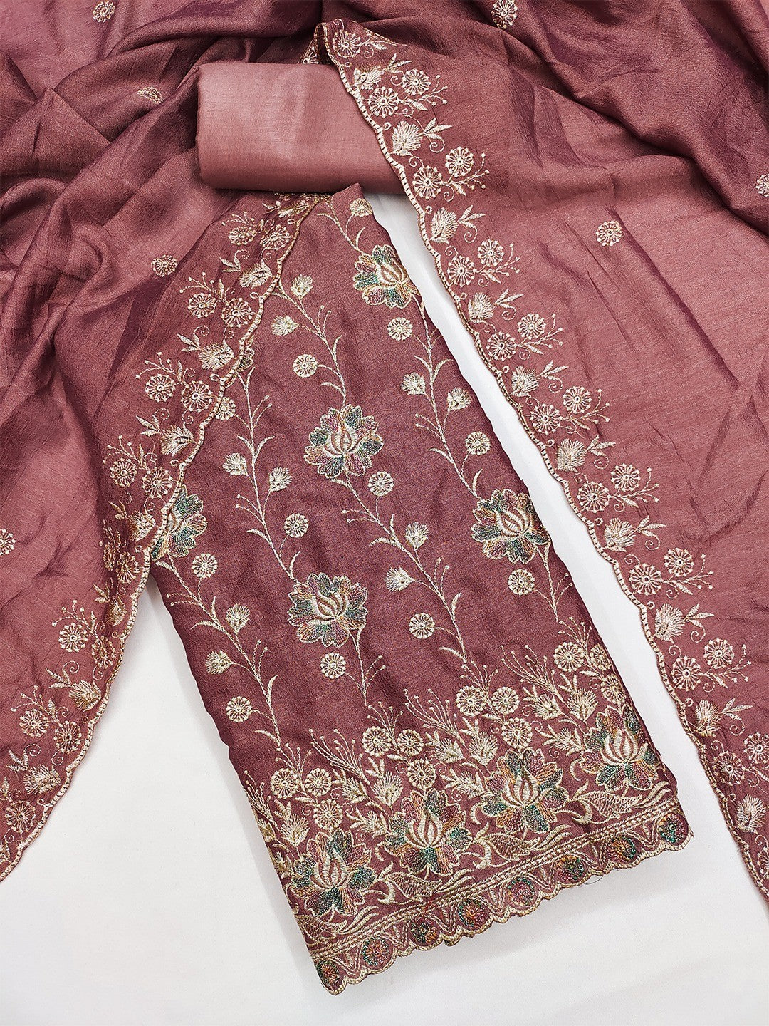 Graceful Dsuty Rose Pink Floral Embroidered Vichitra Silk Ethnic Dress Material - Image 3