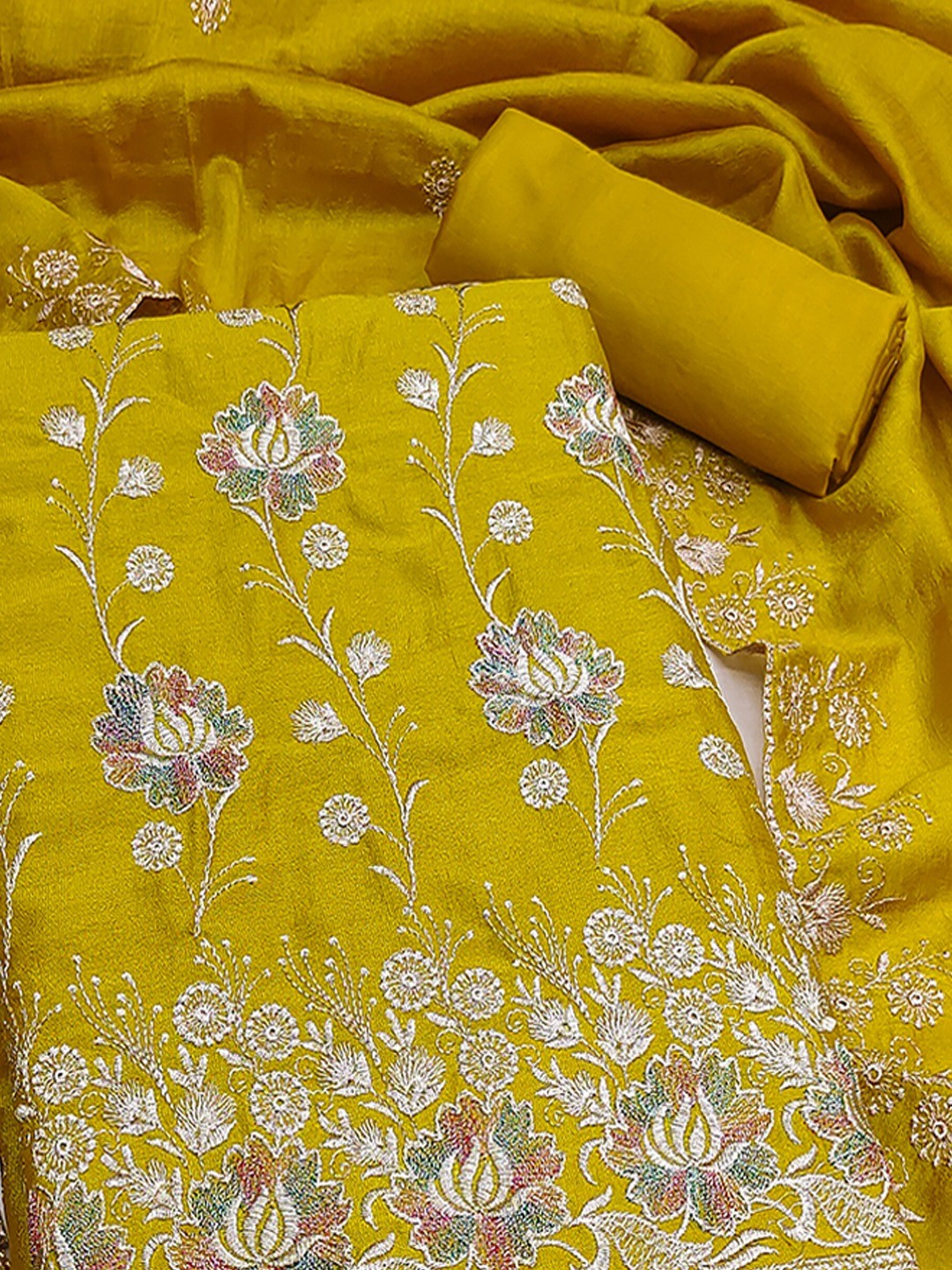 Graceful Mustard Floral Embroidered Vichitra Silk Ethnic Dress Material - Image 4