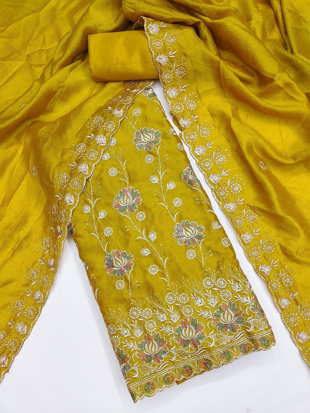 Graceful Mustard Floral Embroidered Vichitra Silk Ethnic Dress Material - Image 3