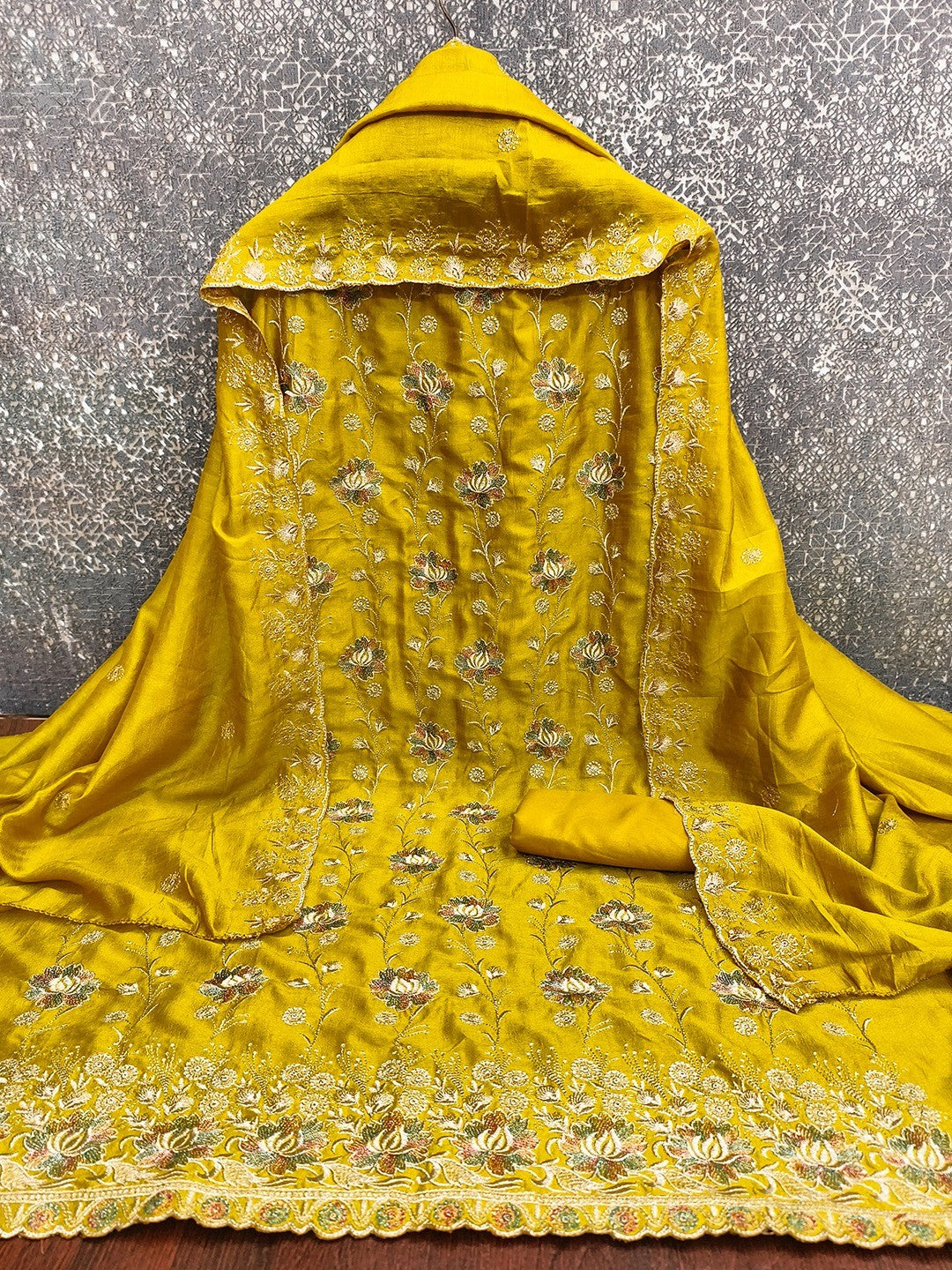 Graceful Mustard Floral Embroidered Vichitra Silk Ethnic Dress Material - Image 2
