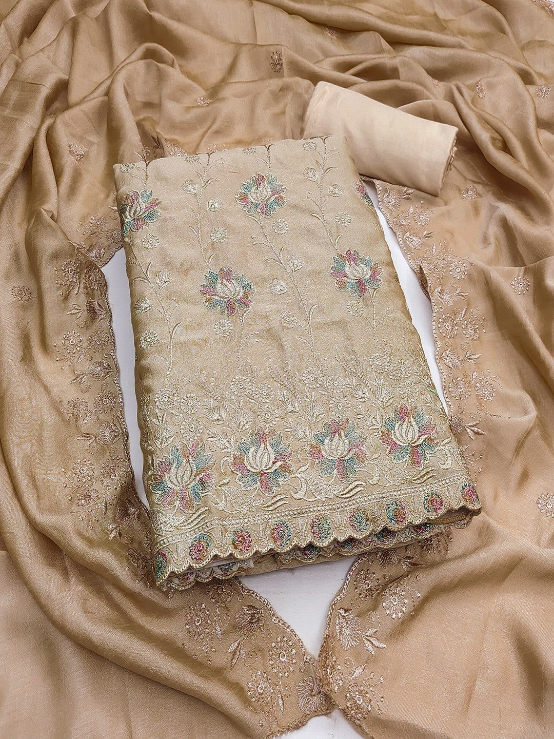 Graceful Chikoo Floral Embroidered Vichitra Silk Ethnic Dress Material - Image 1