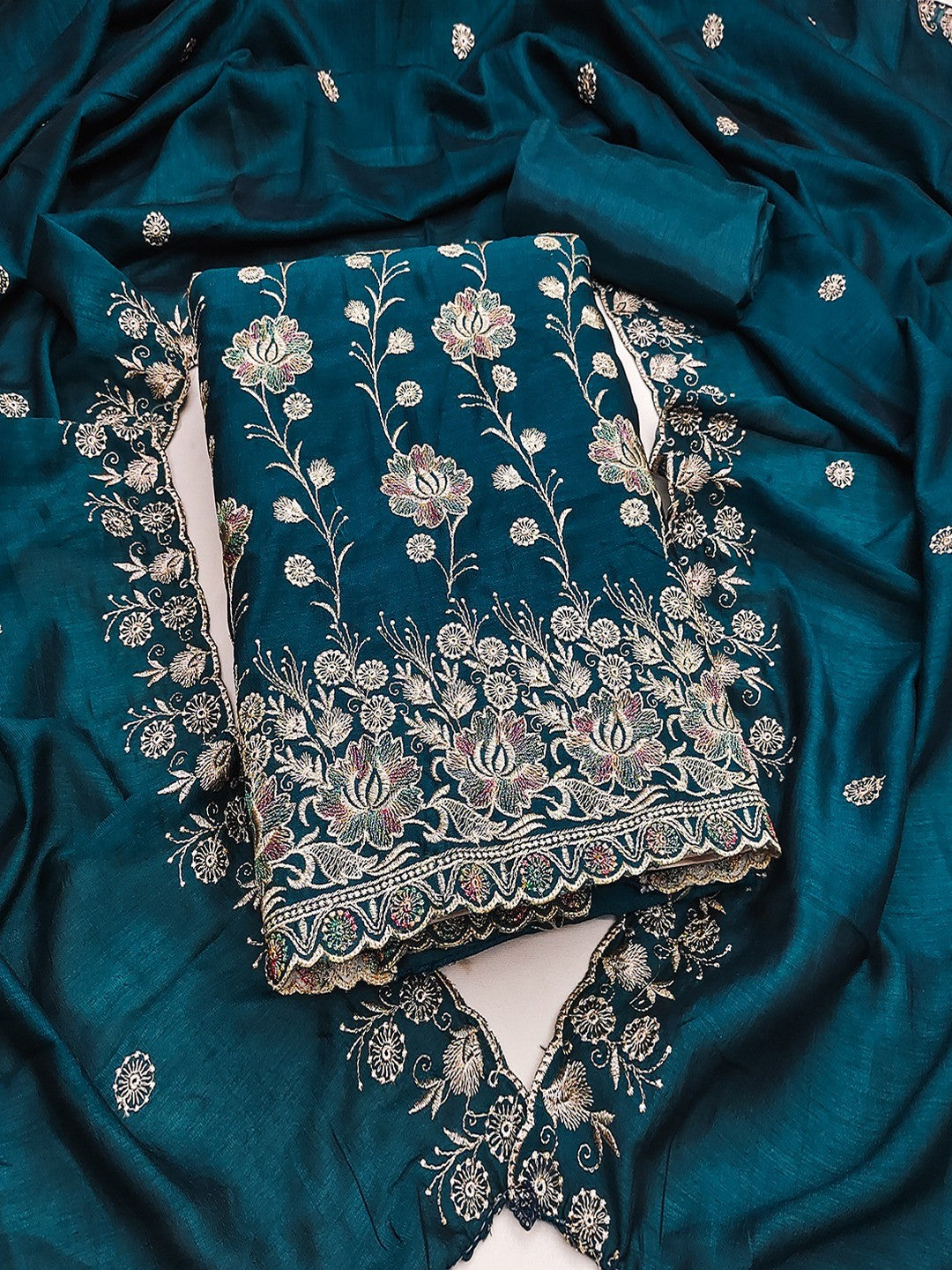 Graceful Morpich Blue Floral Embroidered Vichitra Silk Ethnic Dress Material - Image 1