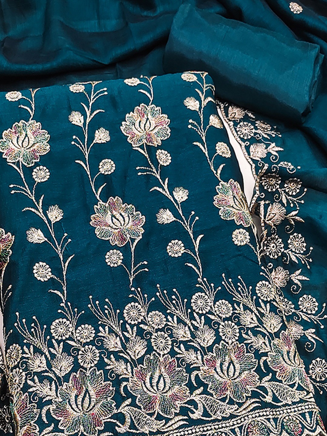 Graceful Morpich Blue Floral Embroidered Vichitra Silk Ethnic Dress Material - Image 4