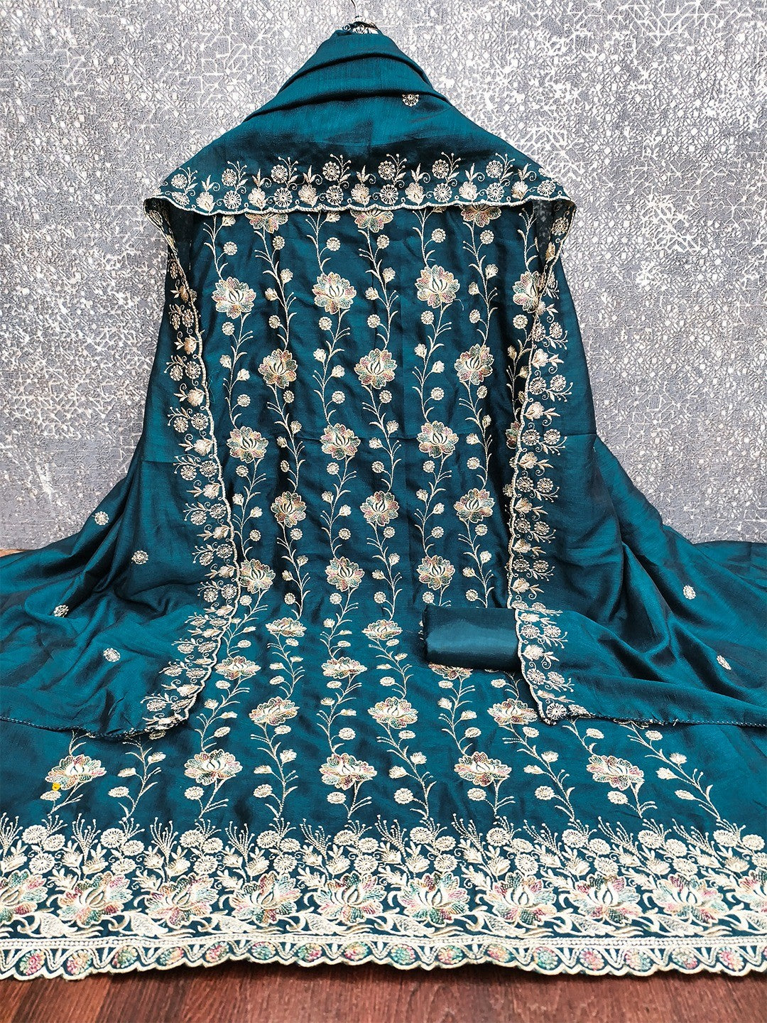 Graceful Morpich Blue Floral Embroidered Vichitra Silk Ethnic Dress Material - Image 2