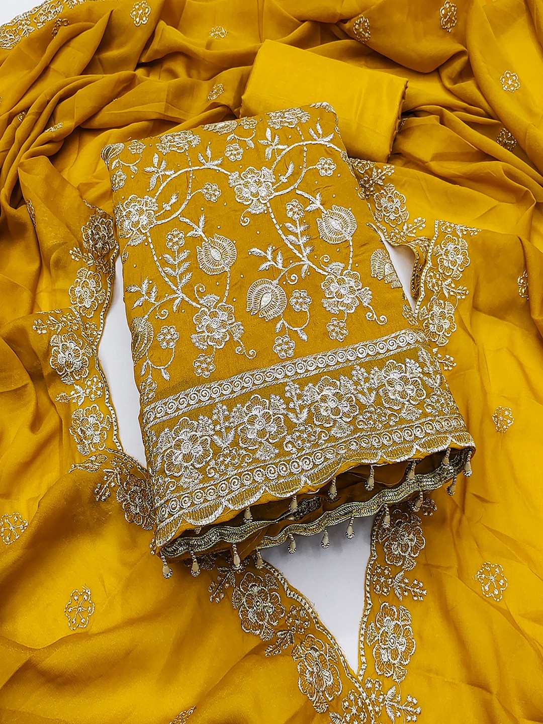Premium Mustard Floral Zari Embroidery Georgette Dress Material Enhanced With Swarovski Work - Image 1