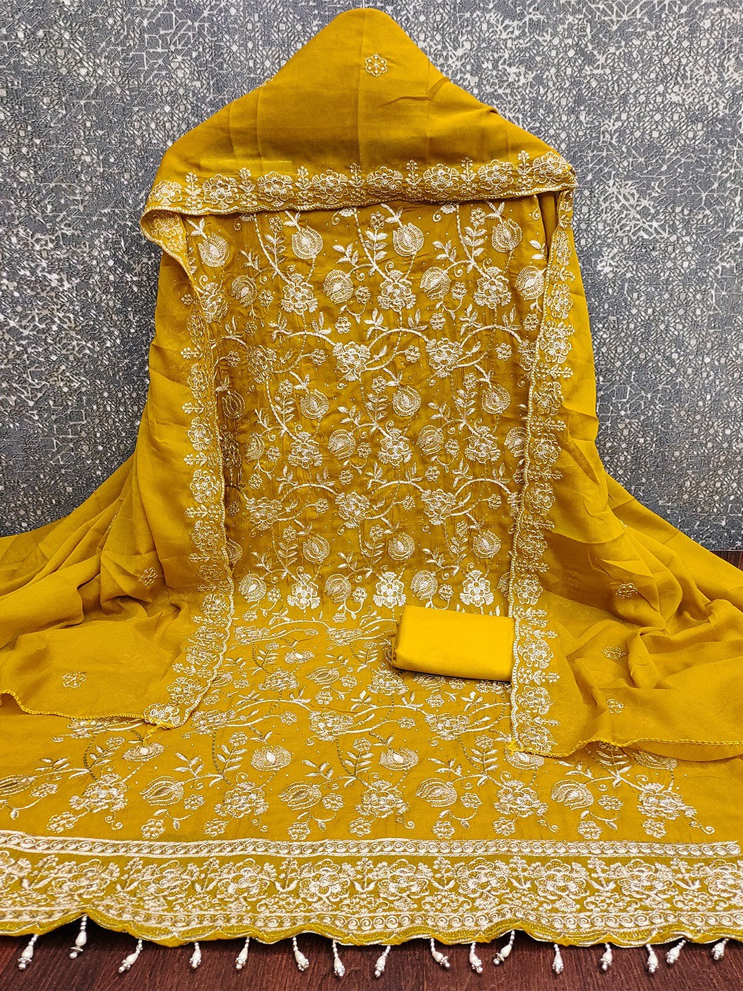 Premium Mustard Floral Zari Embroidery Georgette Dress Material Enhanced With Swarovski Work - Image 2