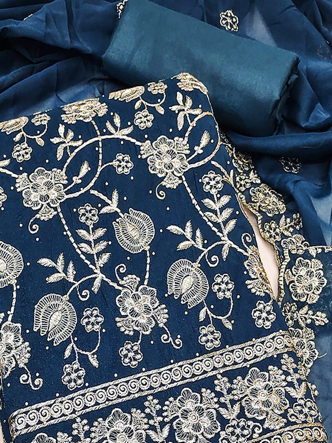 Premium Morpich Blue Floral Zari Embroidery Georgette Dress Material Enhanced With Swarovski Work - Image 4