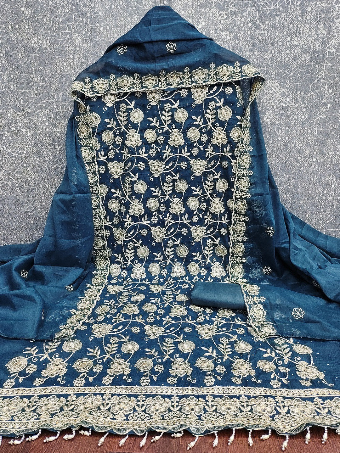 Premium Morpich Blue Floral Zari Embroidery Georgette Dress Material Enhanced With Swarovski Work - Image 2