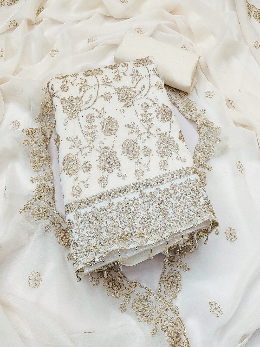 Premium Cream Floral Zari Embroidery Georgette Dress Material Enhanced With Swarovski Work - Image 1