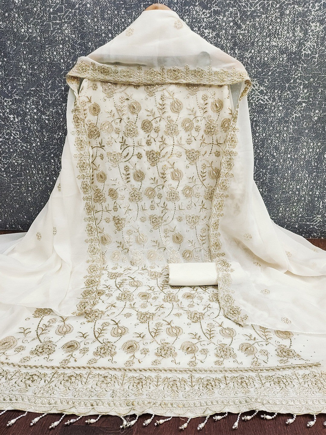 Premium Cream Floral Zari Embroidery Georgette Dress Material Enhanced With Swarovski Work - Image 2