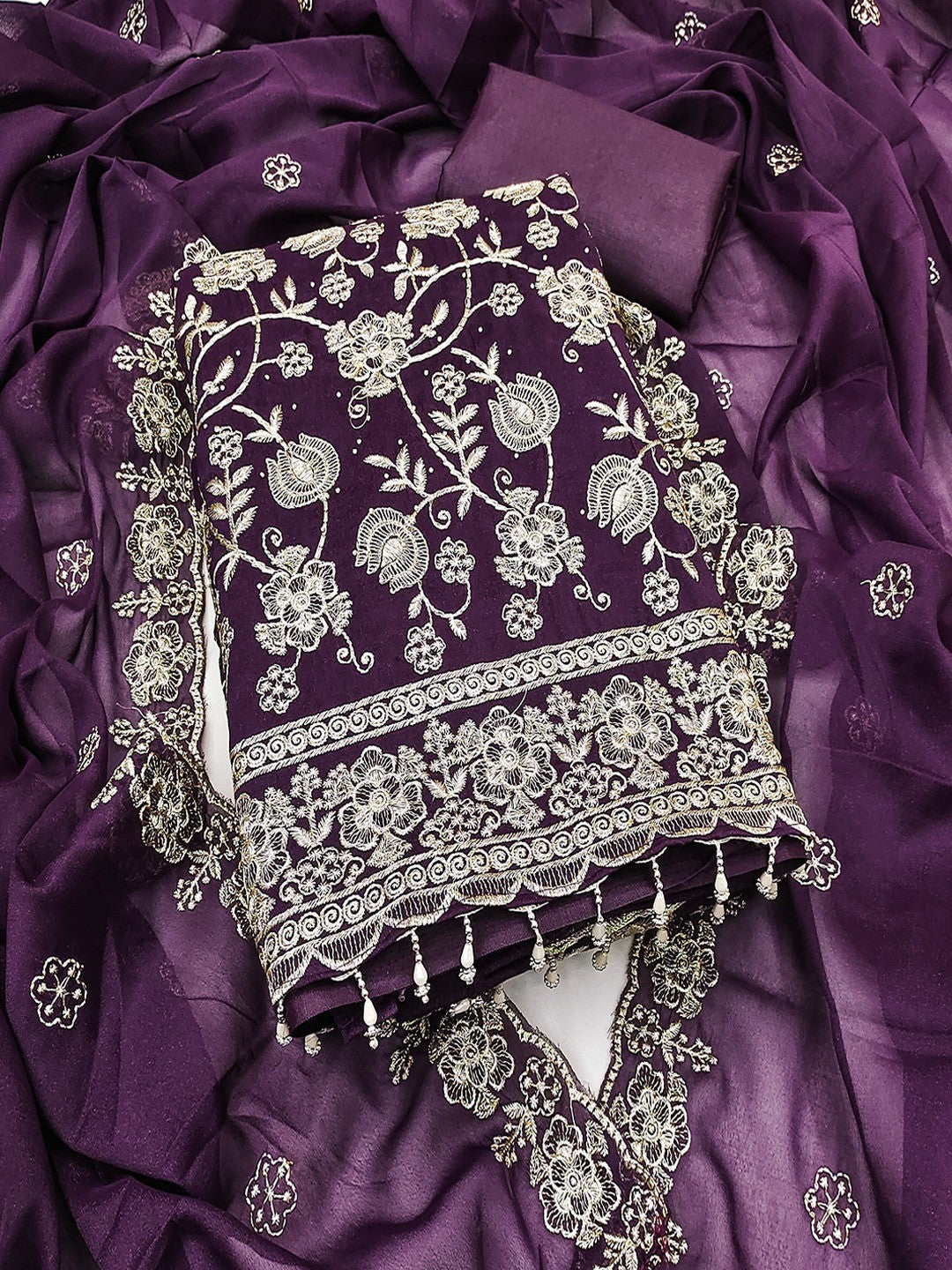 Premium Wine Floral Zari Embroidery Georgette Dress Material Enhanced With Swarovski Work - Image 1