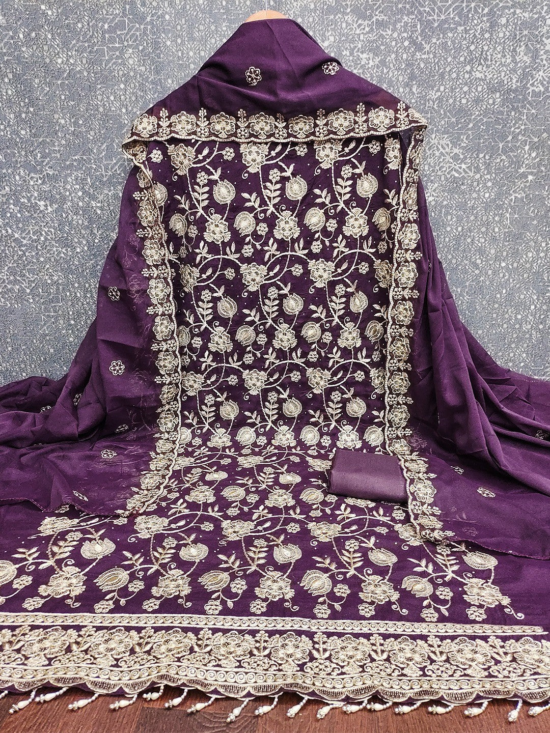 Premium Wine Floral Zari Embroidery Georgette Dress Material Enhanced With Swarovski Work - Image 2