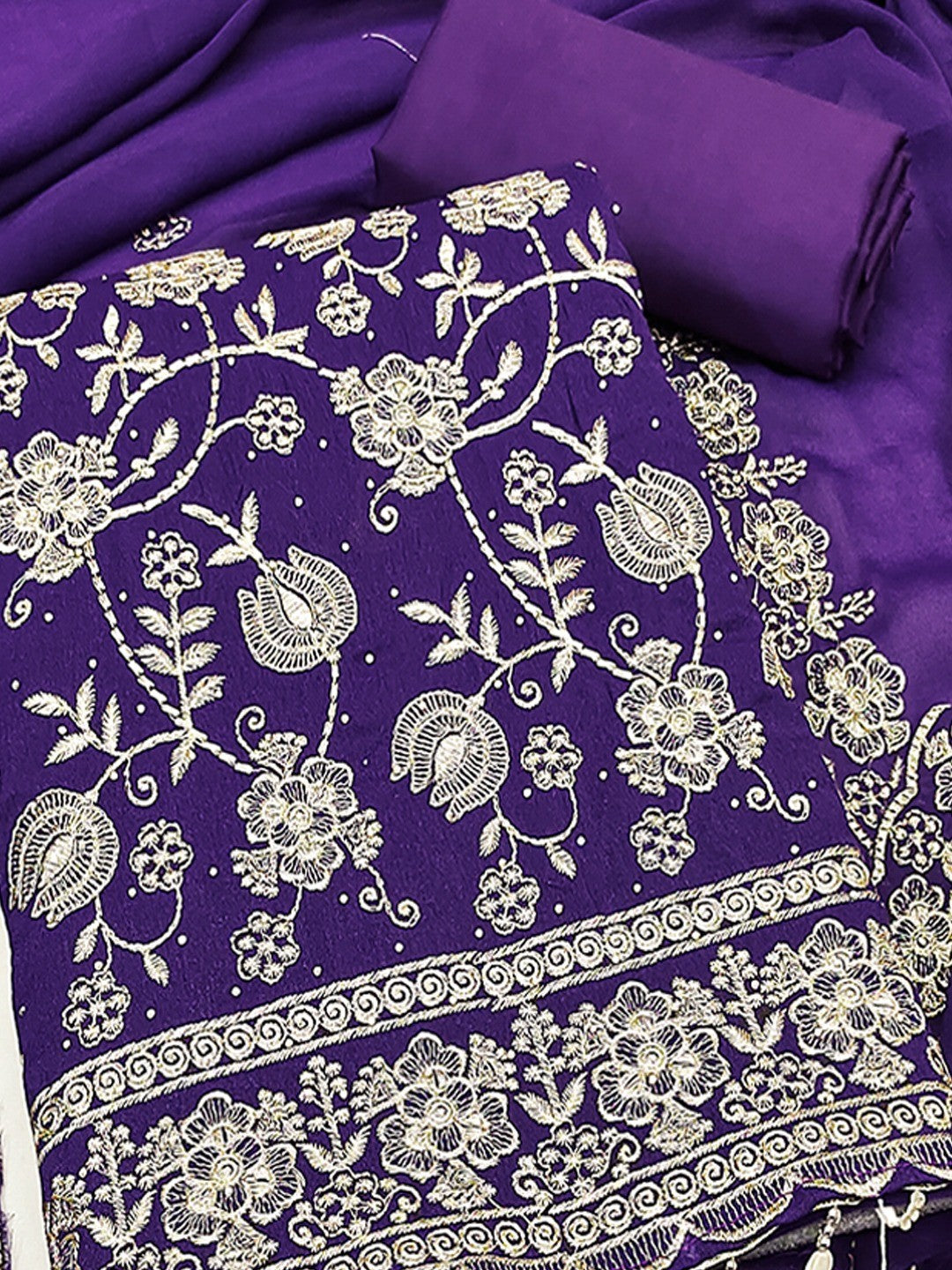 Premium Purple Floral Zari Embroidery Georgette Dress Material Enhanced With Swarovski Work - Image 4