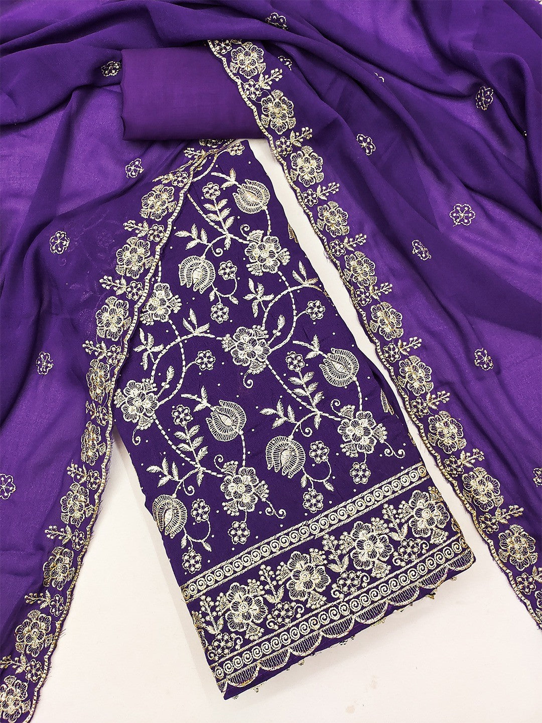 Premium Purple Floral Zari Embroidery Georgette Dress Material Enhanced With Swarovski Work - Image 3