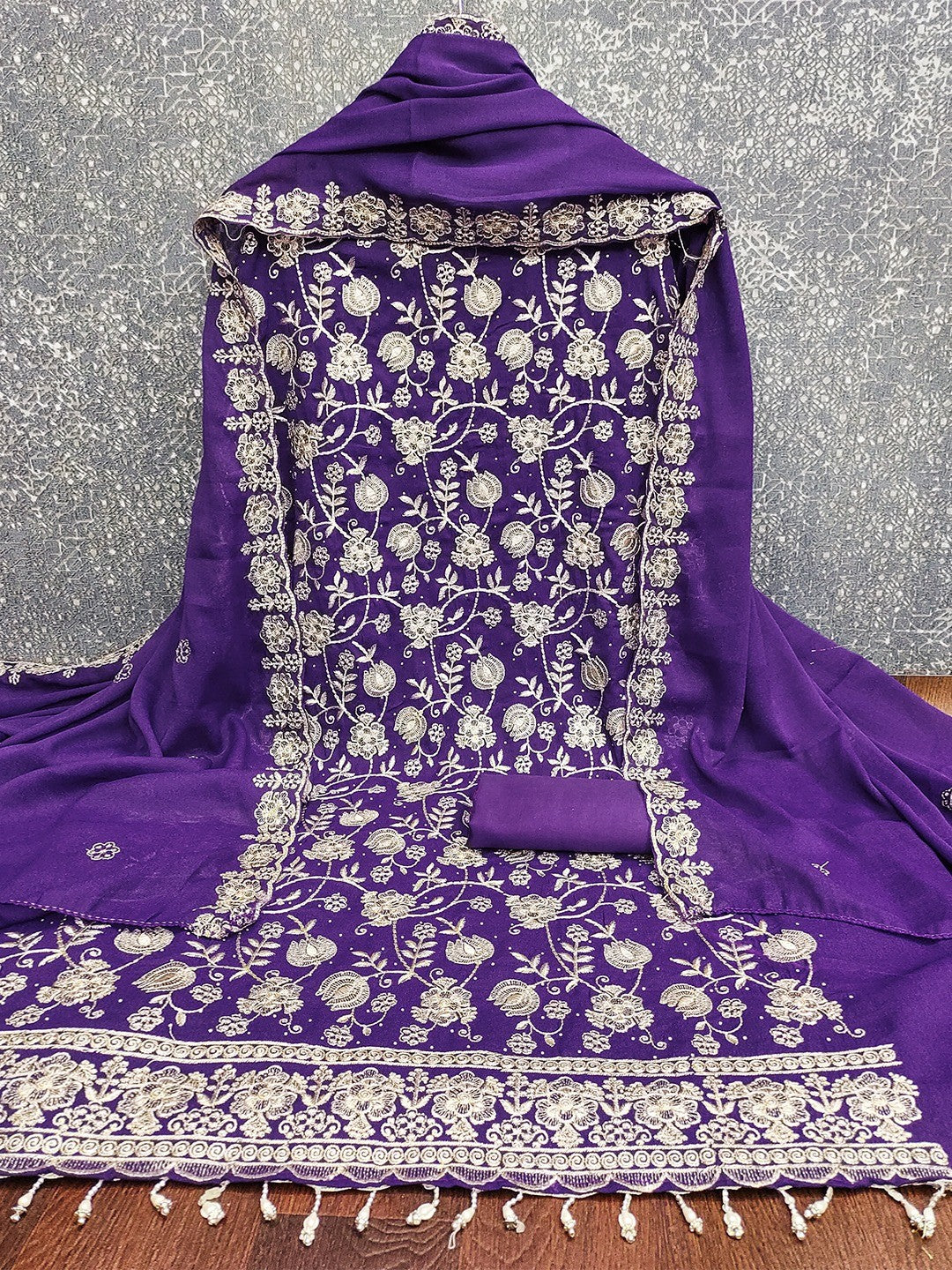 Premium Purple Floral Zari Embroidery Georgette Dress Material Enhanced With Swarovski Work - Image 2