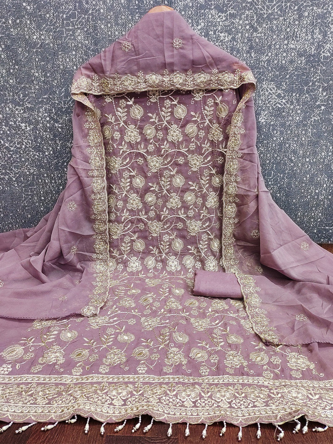Premium Mauve Floral Zari Embroidery Georgette Dress Material Enhanced With Swarovski Work - Image 2