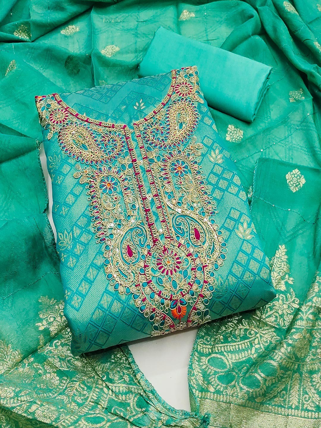 Graceful Turquoise Floral Weaving Shimmer Jacquard Dress Material With Cording Sequins Embroidery - Image 1