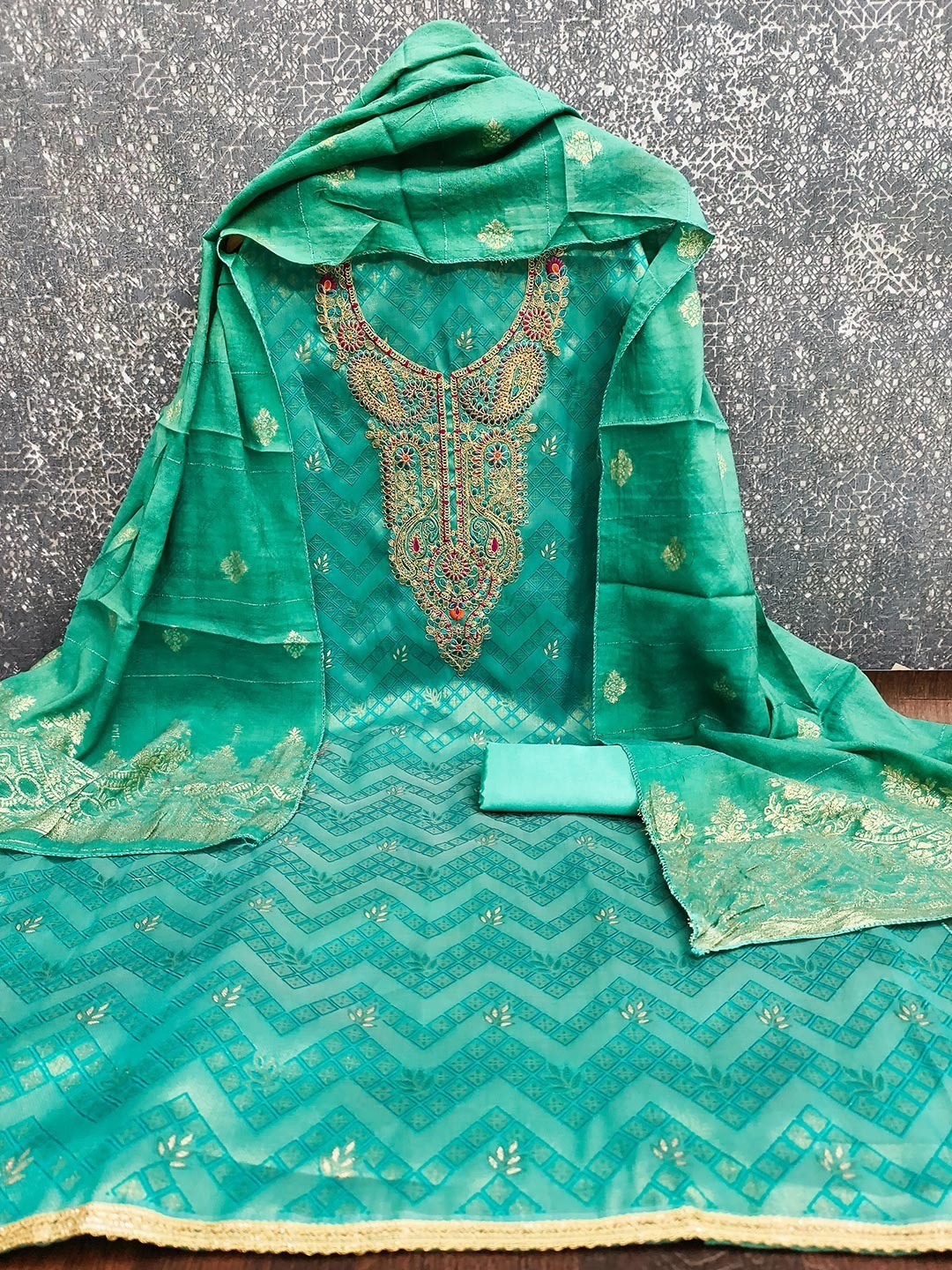 Graceful Turquoise Floral Weaving Shimmer Jacquard Dress Material With Cording Sequins Embroidery - Image 3