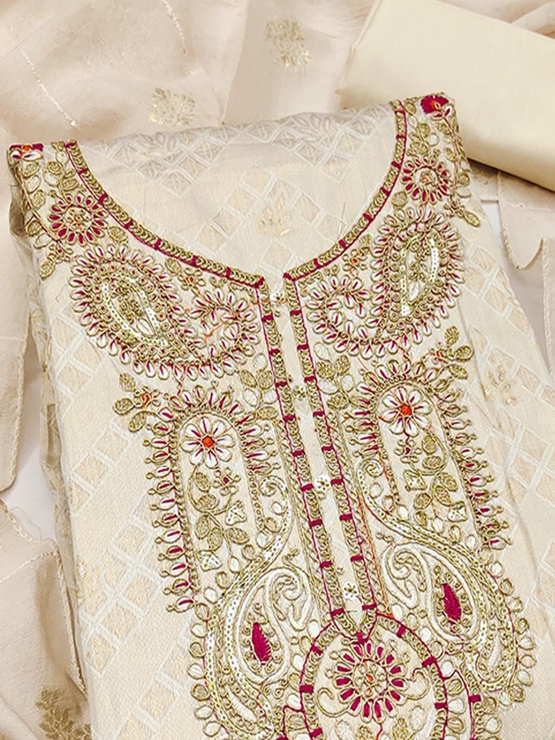 Graceful Cream Floral Weaving Shimmer Jacquard Dress Material With Cording Sequins Embroidery - Image 5