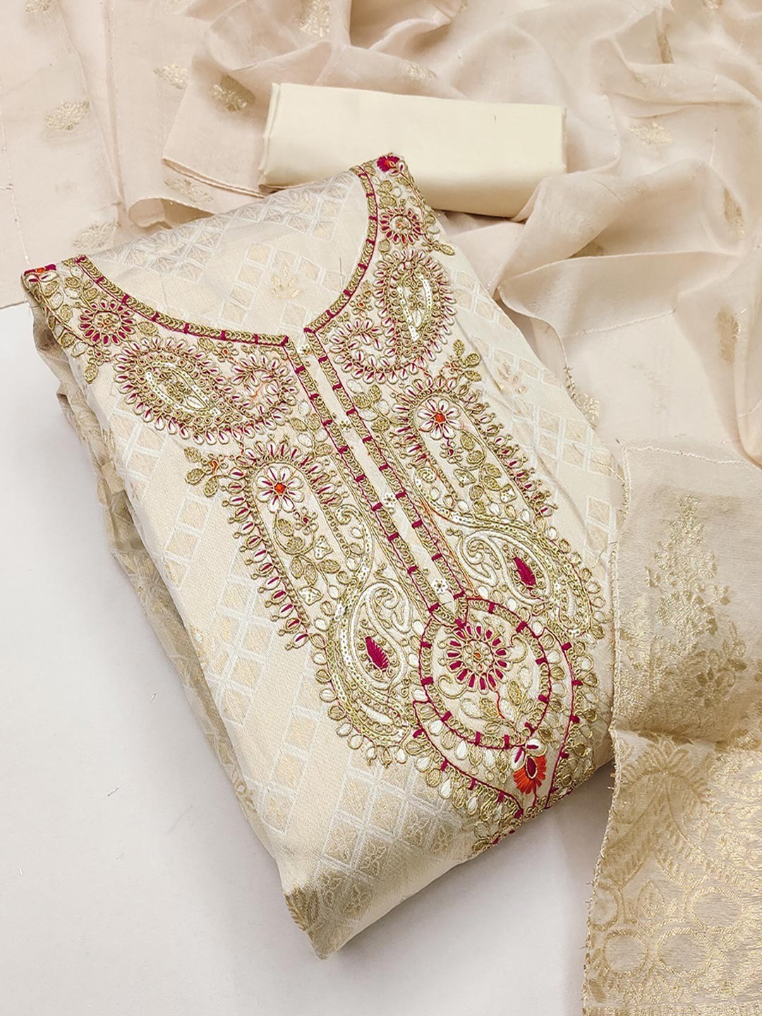 Graceful Cream Floral Weaving Shimmer Jacquard Dress Material With Cording Sequins Embroidery - Image 4