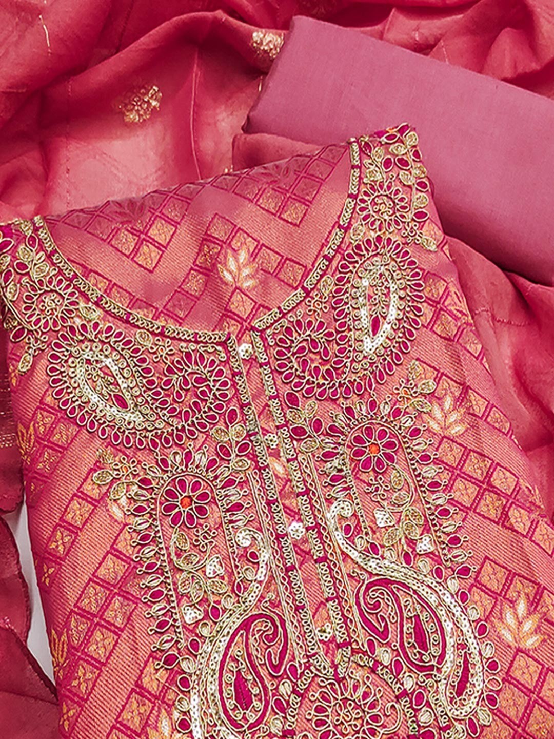 Graceful Pink Floral Weaving Shimmer Jacquard Dress Material With Cording Sequins Embroidery - Image 5