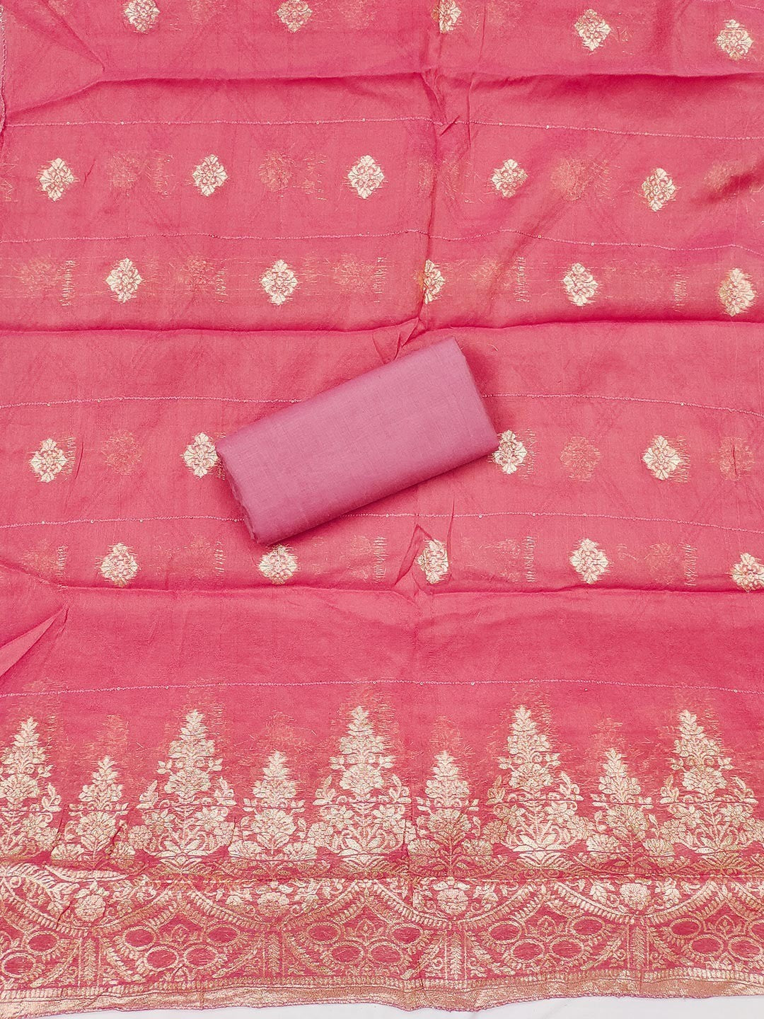 Graceful Pink Floral Weaving Shimmer Jacquard Dress Material With Cording Sequins Embroidery - Image 2