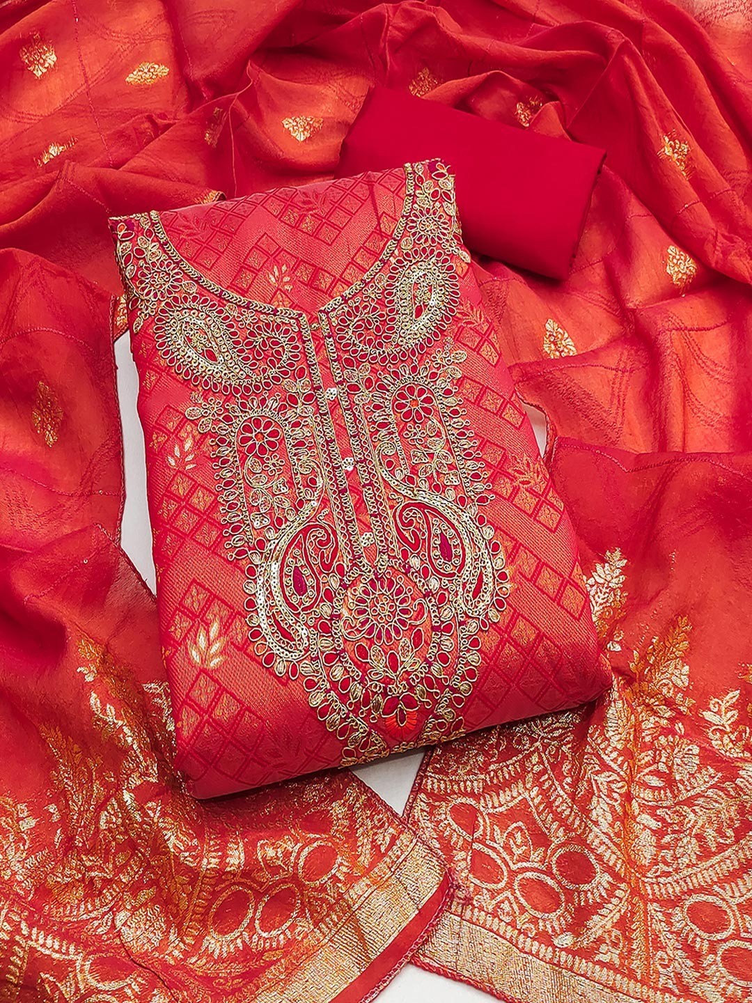 Graceful Red Floral Weaving Shimmer Jacquard Dress Material With Cording Sequins Embroidery - Image 1