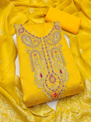 Graceful Yellow Floral Weaving Shimmer Jacquard Dress Material With Cording Sequins Embroidery - Image 1