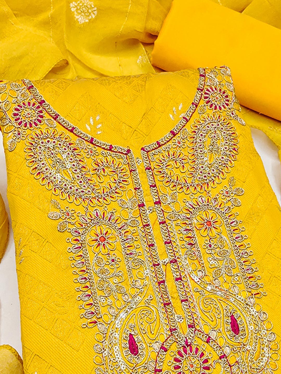 Graceful Yellow Floral Weaving Shimmer Jacquard Dress Material With Cording Sequins Embroidery - Image 5