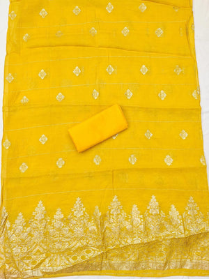 Graceful Yellow Floral Weaving Shimmer Jacquard Dress Material With Cording Sequins Embroidery - Image 2