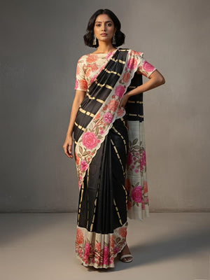 Elegant Black Tussar Silk Saree with Floral Print Border - Image 1