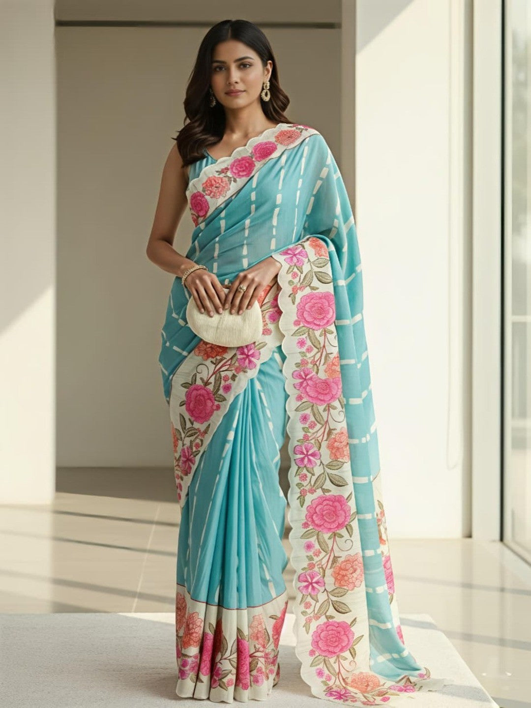 Elegant Blue Tussar Silk Saree with Floral Print and Scalloped Border - Image 1