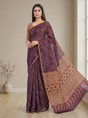 Wine Linen Saree with Bandhani Print and Ethnic Motifs - Image 1