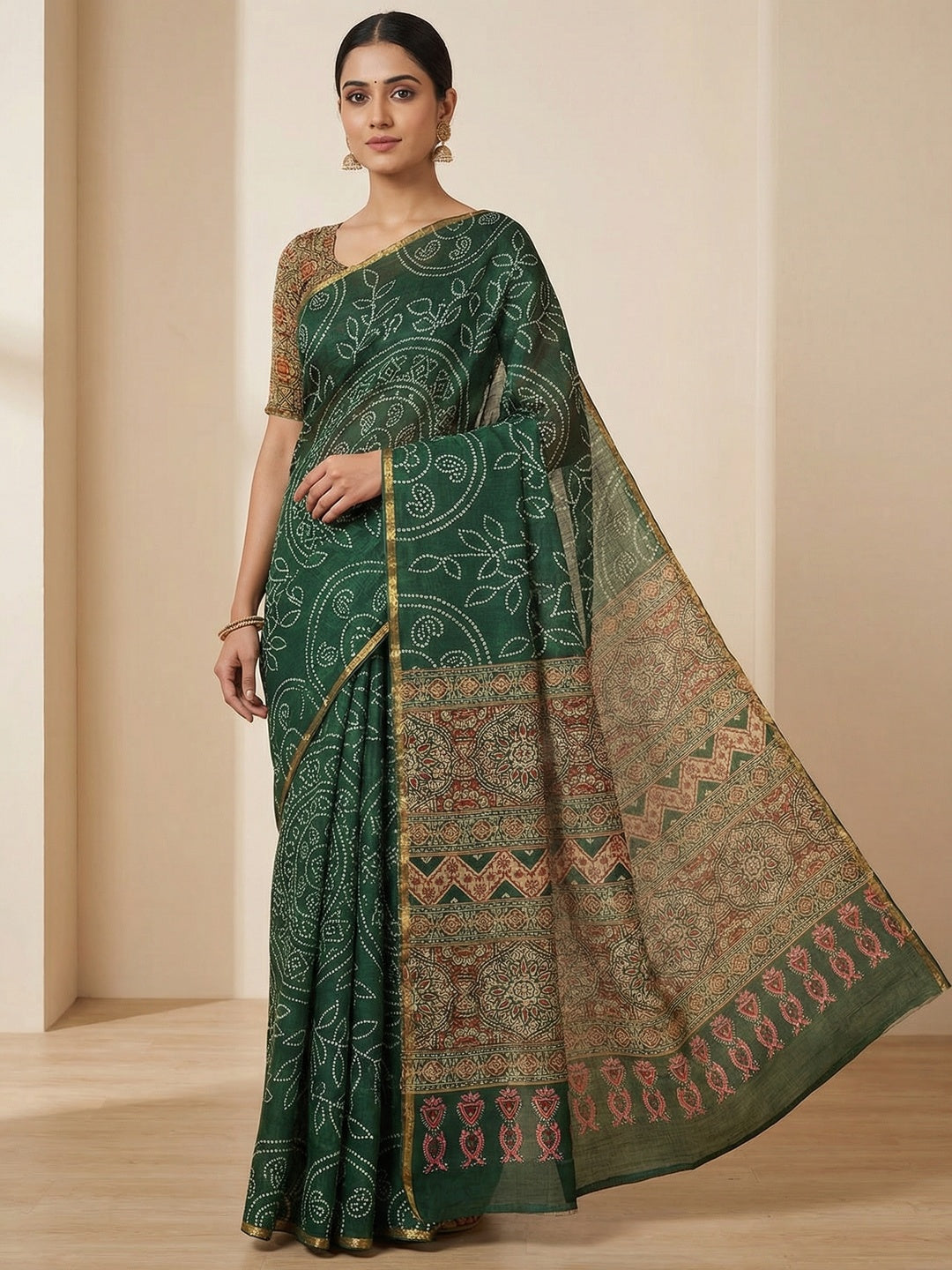 Dark Green Linen Saree with Bandhani Print and Ethnic Motifs - Image 1