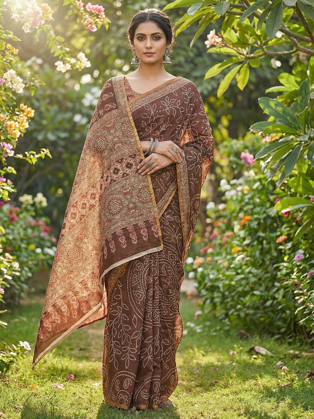 Coffee Brown Linen Saree with Bandhani Print and Ethnic Motifs - Image 1