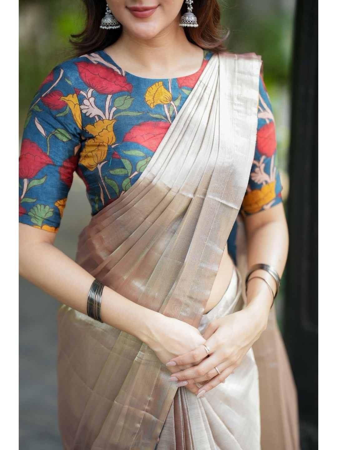 Timeless Beige Chiffon Saree with Floral Accent Blouse for Party Wear Collection - Image 4