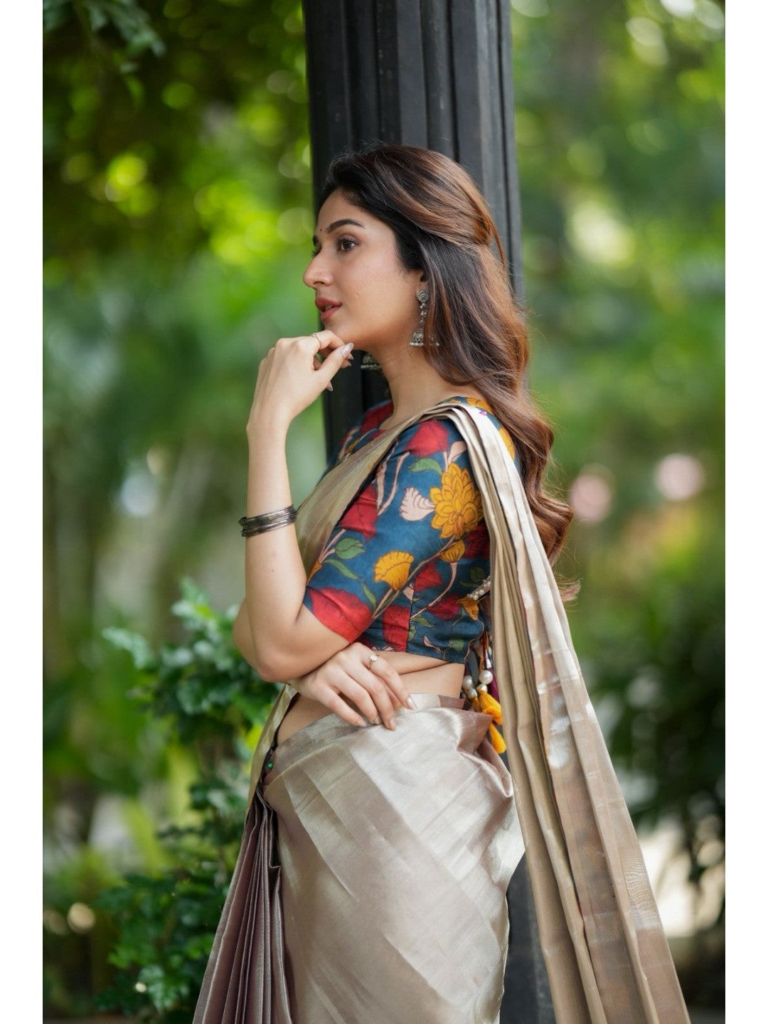 Timeless Beige Chiffon Saree with Floral Accent Blouse for Party Wear Collection - Image 2