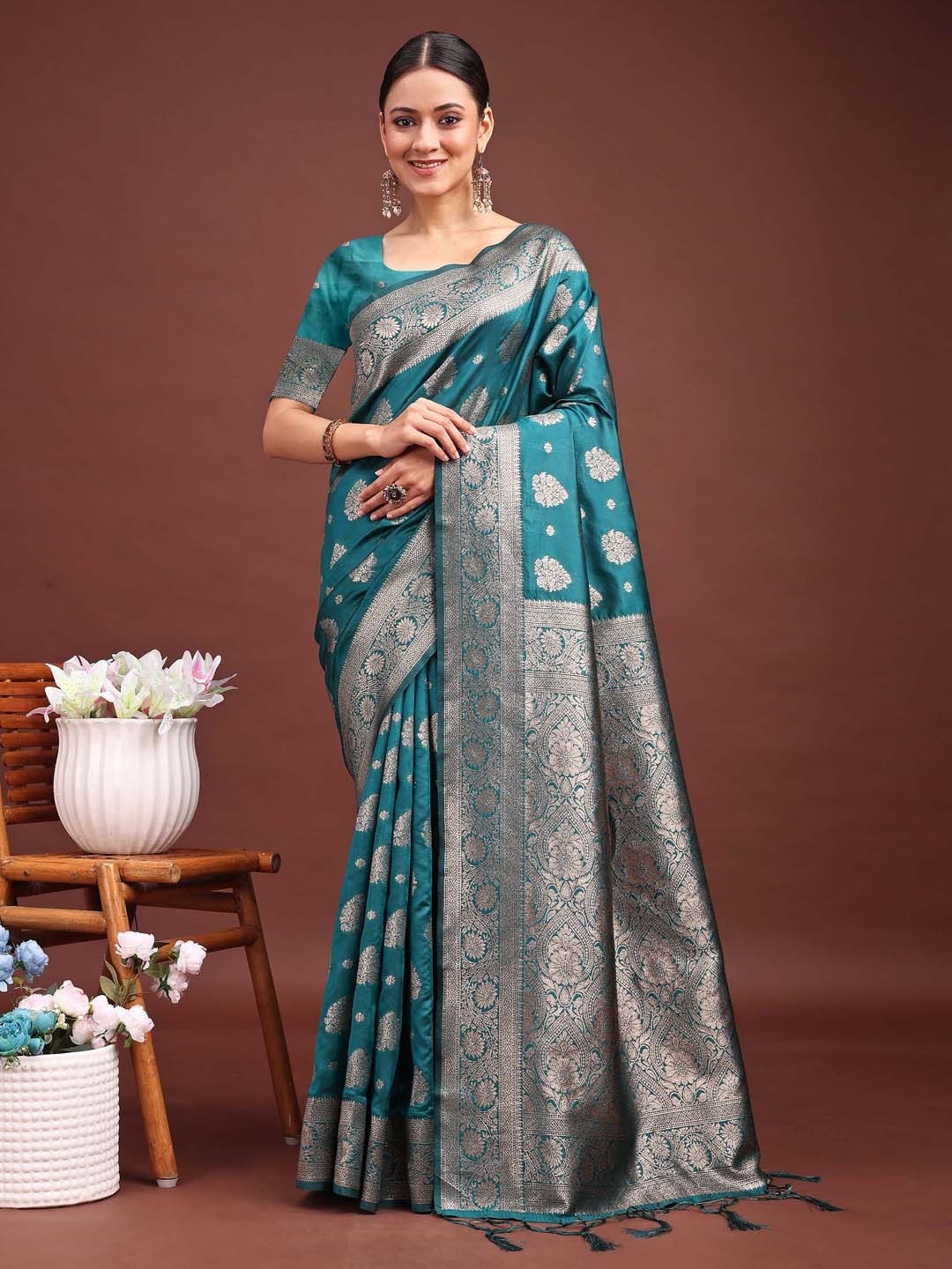 Teal Banarasi Silk Saree with Silver Zari Weaving - Image 1