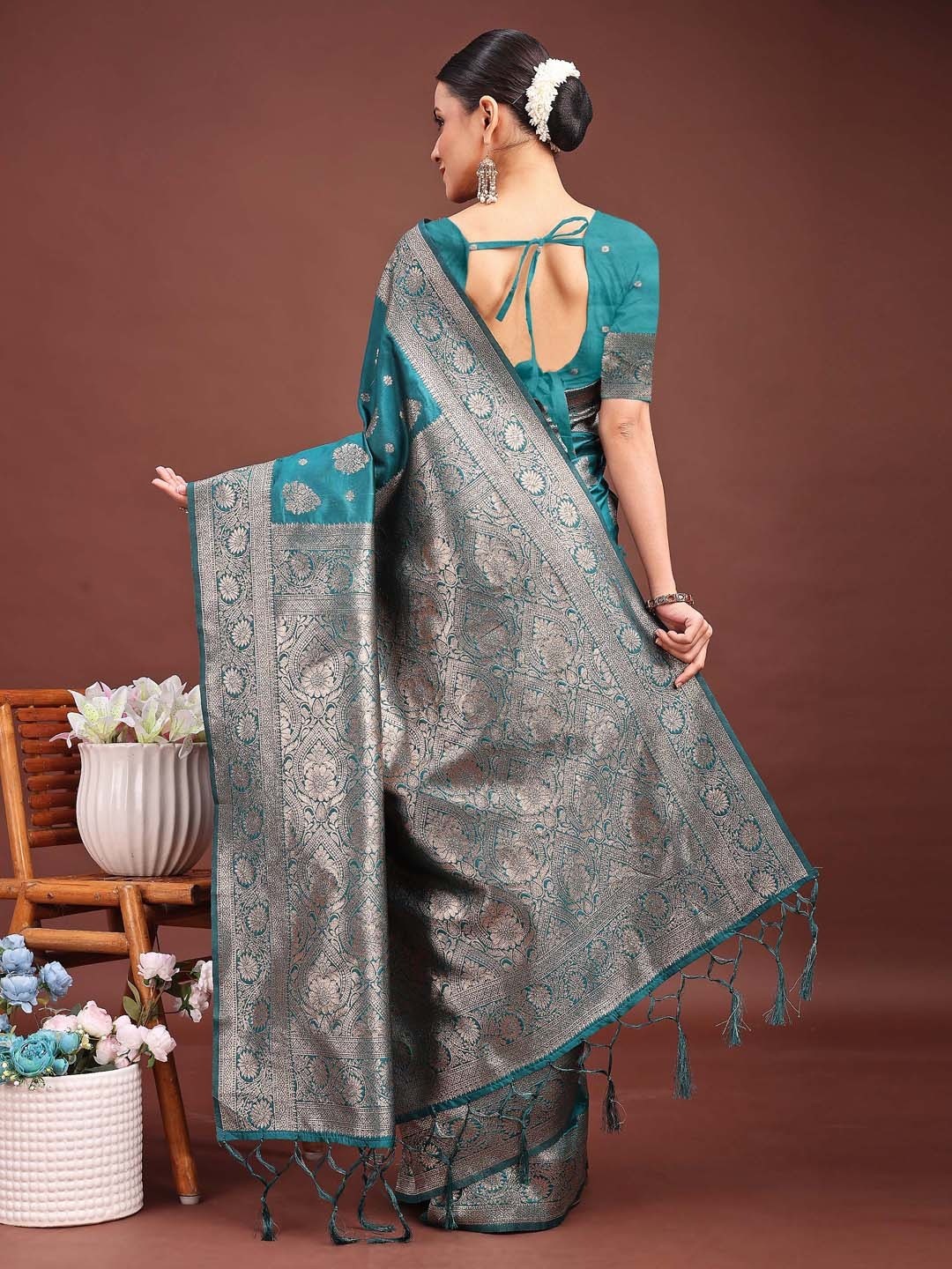Teal Banarasi Silk Saree with Silver Zari Weaving - Image 4