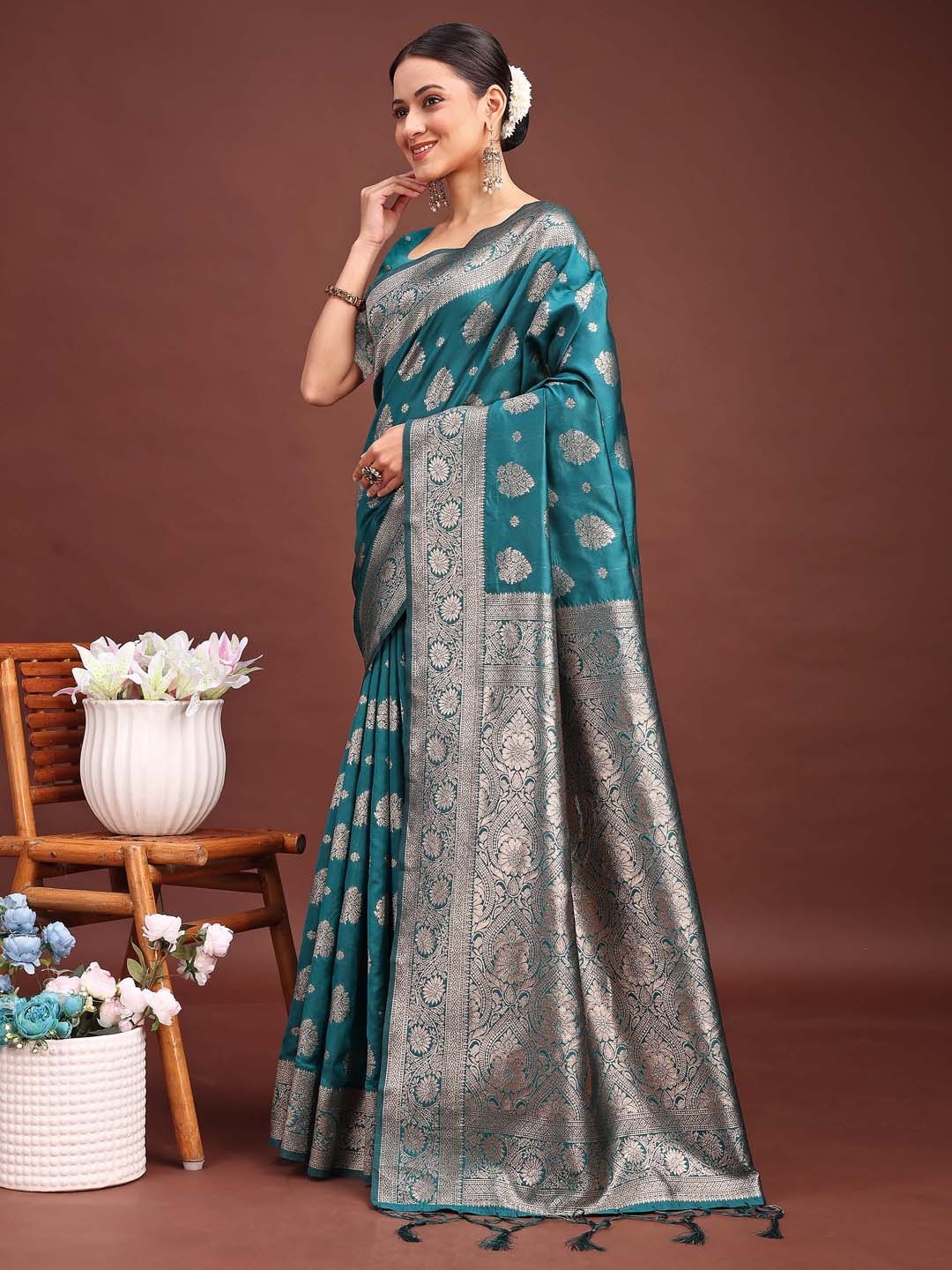 Teal Banarasi Silk Saree with Silver Zari Weaving - Image 3