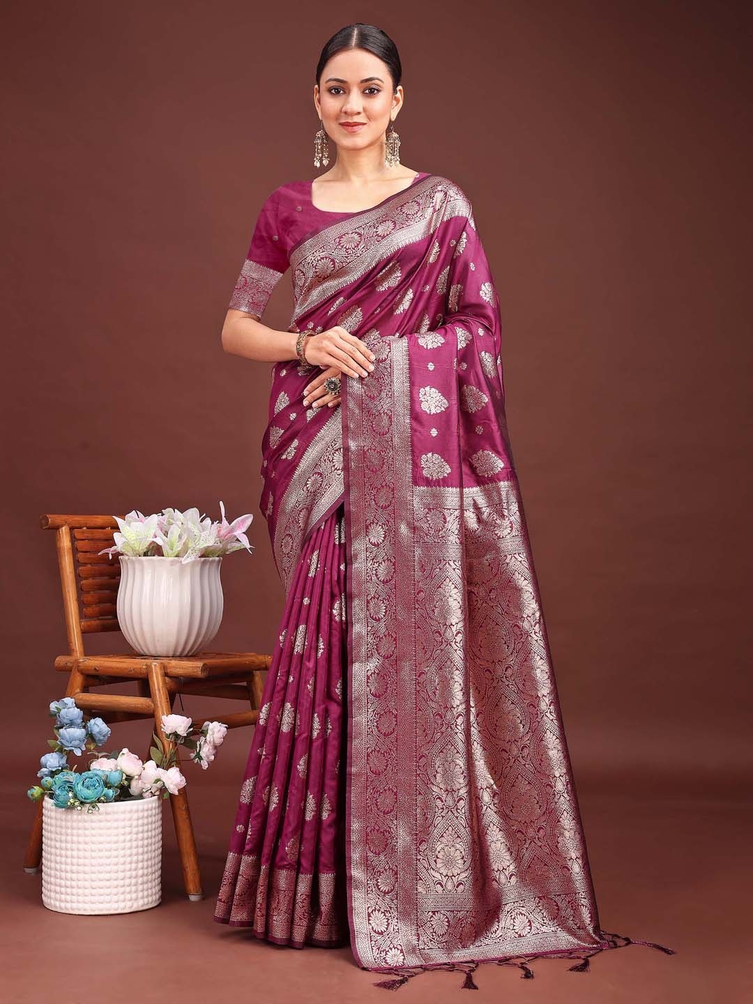 Elegant Purple Banarasi Silk Saree with Silver Zari Weaving - Image 1