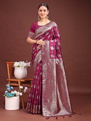 Elegant Purple Banarasi Silk Saree with Silver Zari Weaving - Image 1
