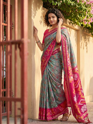 Classic Grey Ikkat Inspired Silk Blend Saree Featuring Traditional Zari Weaving Work - Image 1