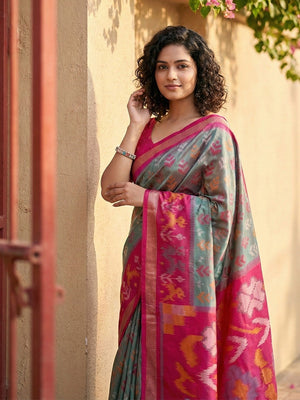 Classic Grey Ikkat Inspired Silk Blend Saree Featuring Traditional Zari Weaving Work - Image 2