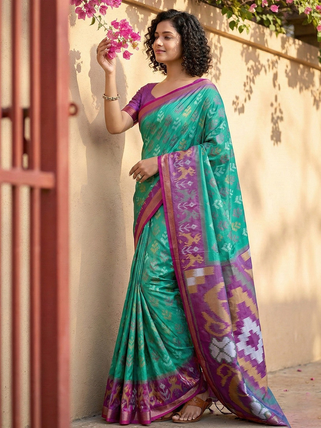 Classic Rama Green Ikkat Inspired Silk Blend Saree Featuring Traditional Zari Weaving Work - Image 1