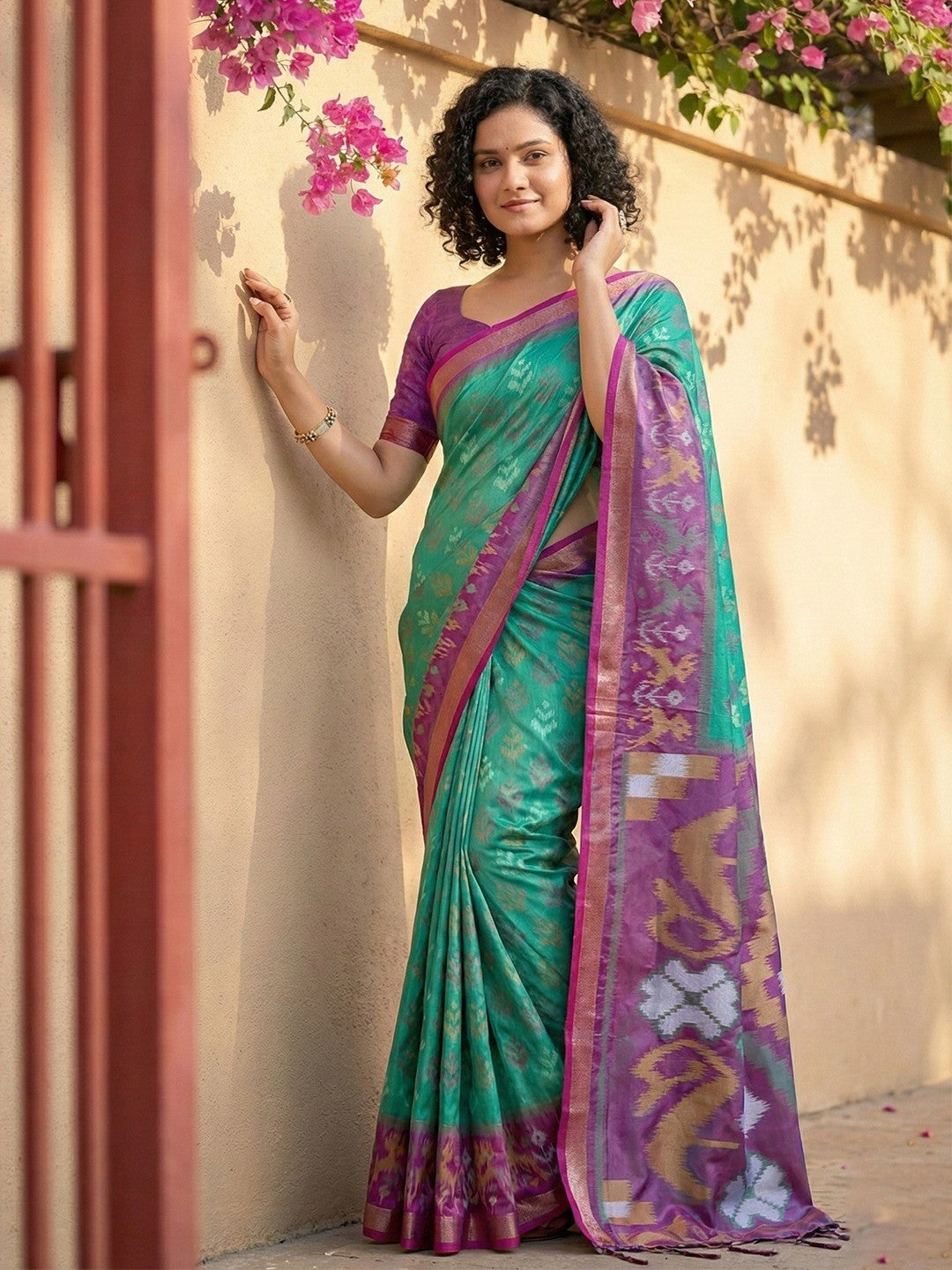 Classic Rama Green Ikkat Inspired Silk Blend Saree Featuring Traditional Zari Weaving Work - Image 3