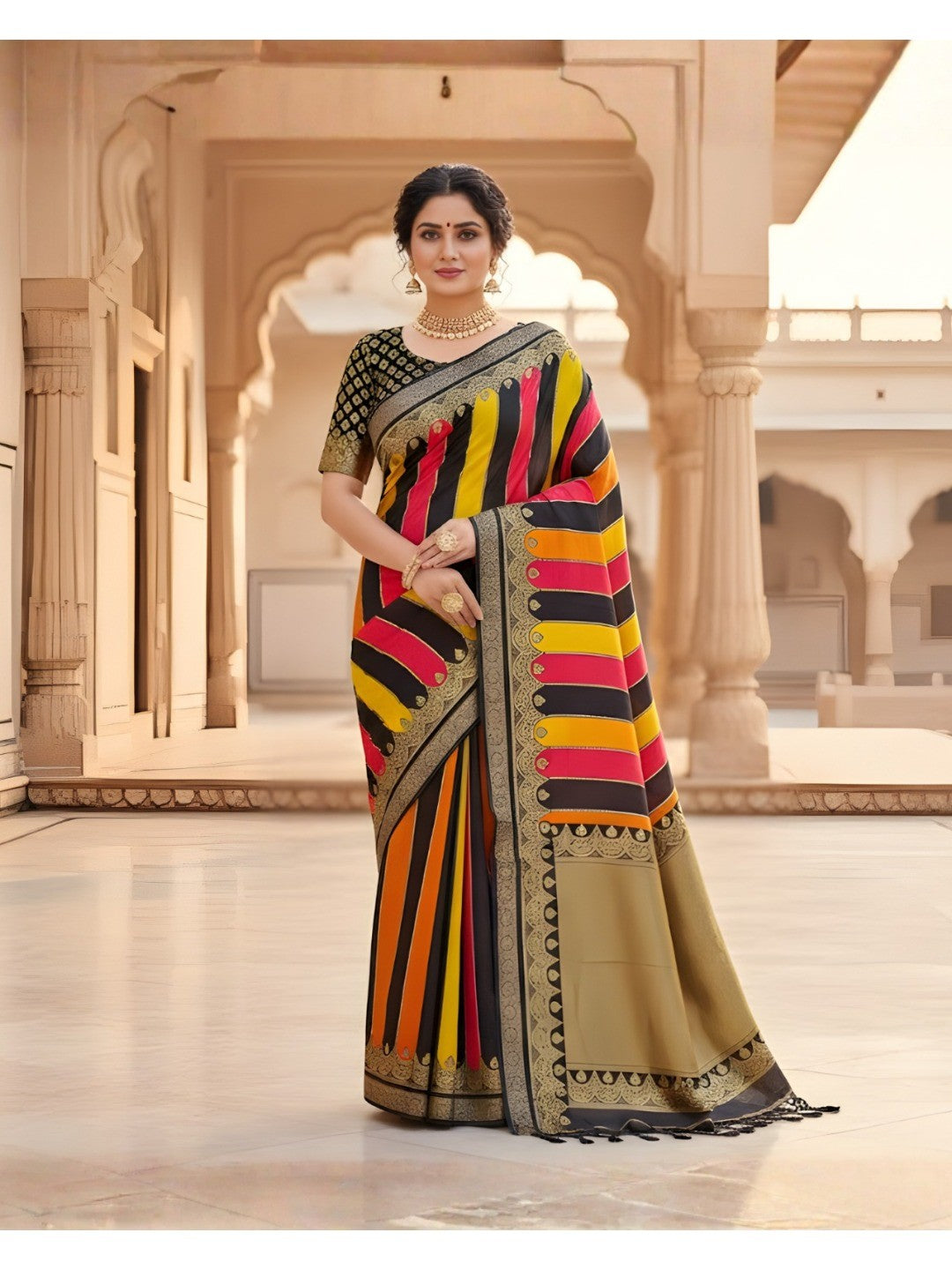 Multicolor Striped Georgette Saree with Designer Border - Image 1