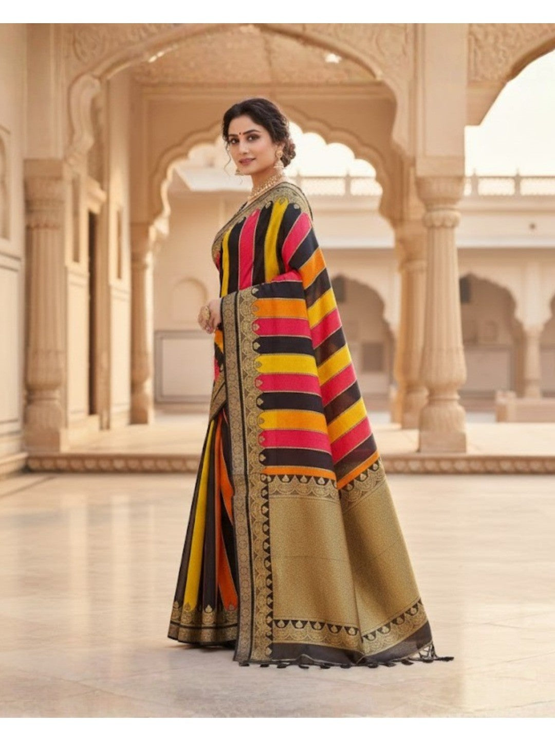 Multicolor Striped Georgette Saree with Designer Border - Image 4