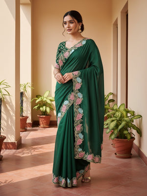Designer Green Tussar Silk Saree with Premium Floral Embroidered Border Work - Image 1