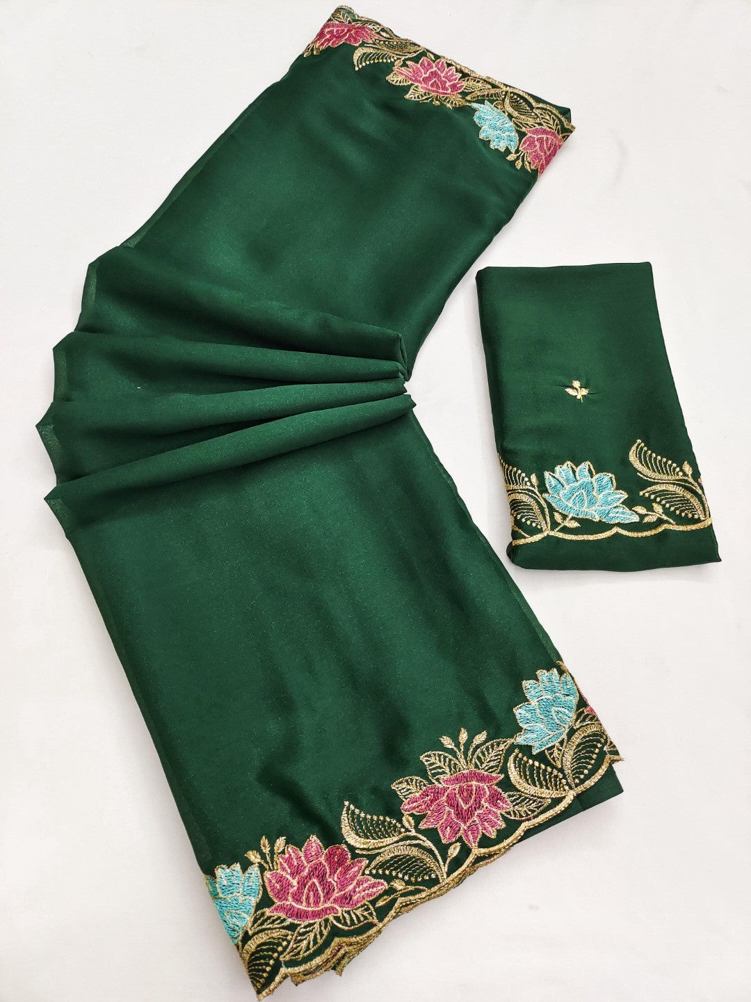 Designer Green Tussar Silk Saree with Premium Floral Embroidered Border Work - Image 5